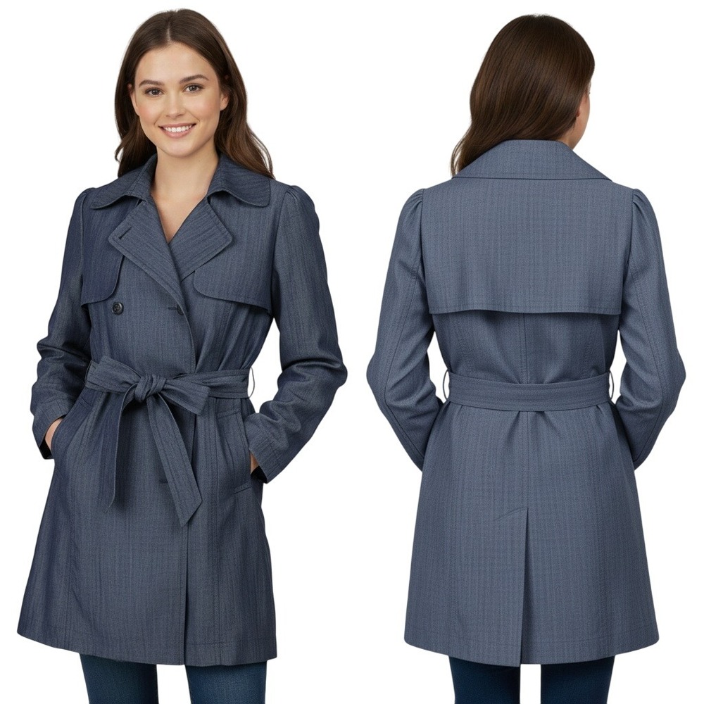 Vertigo Paris Trench Coat XS Indigo Blue Double Breasted Belted Wide Lapels Chic